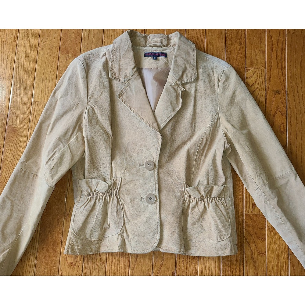 HYPO Active Women's Jacket Sz Lg 100% Genuine Leather Beige Gathered Pockets